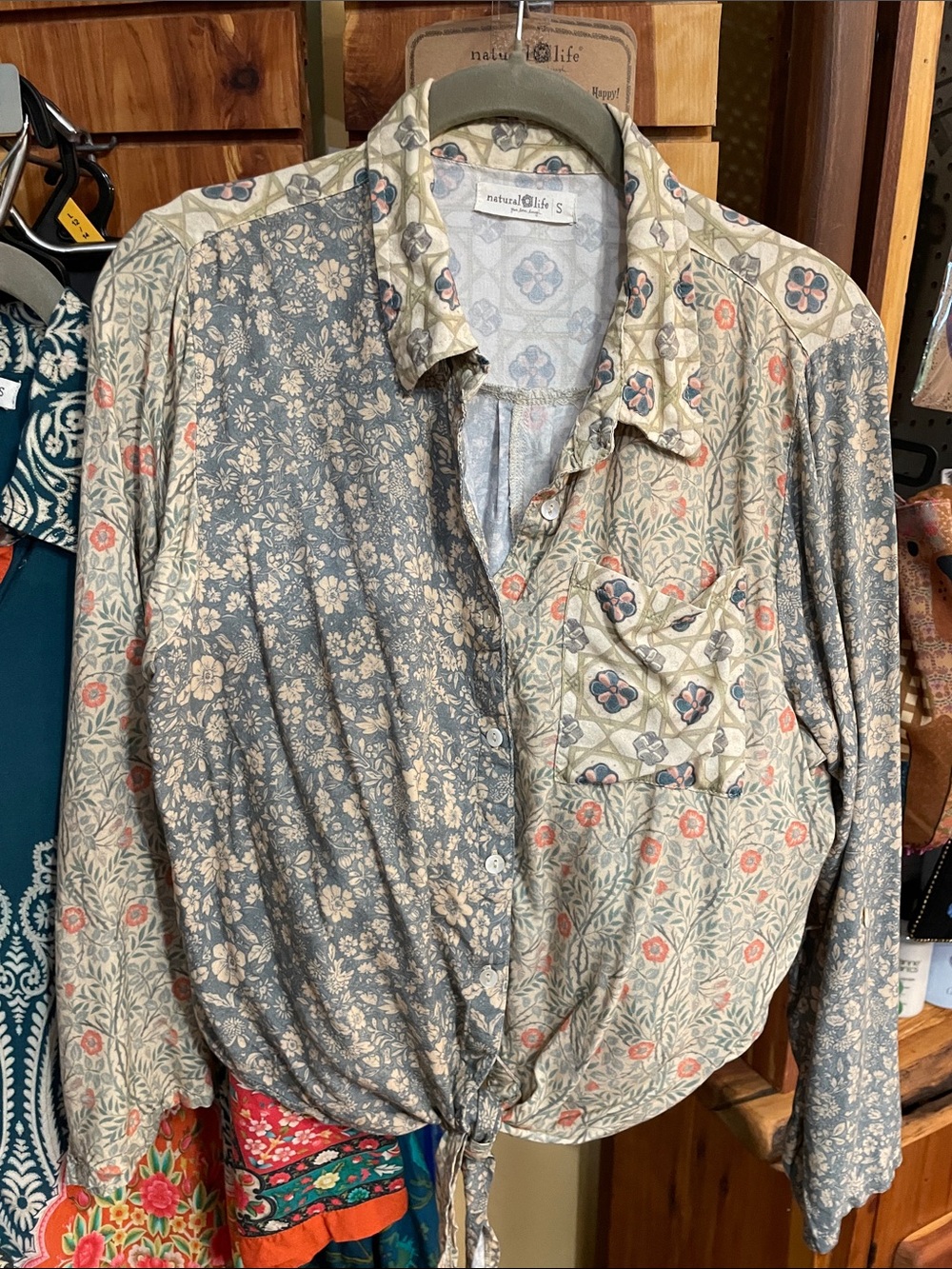 NATURAL LIFE Lola Front Tie Patchwork Button-down Shirt blouse Bohemian Sage - Picture 4 of 10